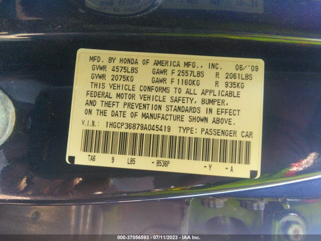 2009 HONDA ACCORD SDN EX-L VIN: 1HGCP36879A045419