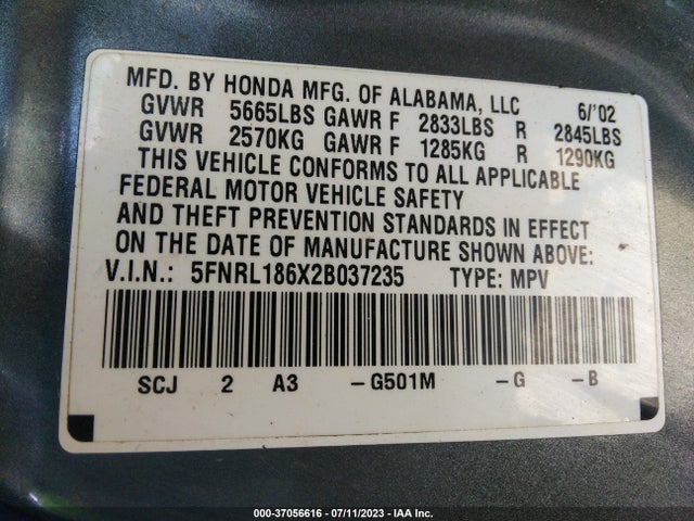 2002 HONDA ODYSSEY EX VIN: 5FNRL186X2B037235