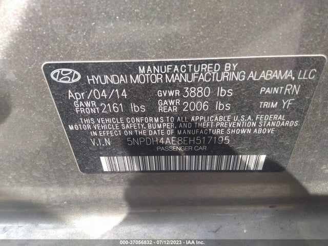 2014 HYUNDAI ELANTRA SE VIN: 5NPDH4AE8EH517195