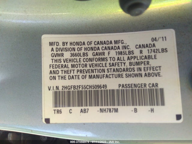 2012 HONDA CIVIC SDN LX VIN: 2HGFB2F55CH509649