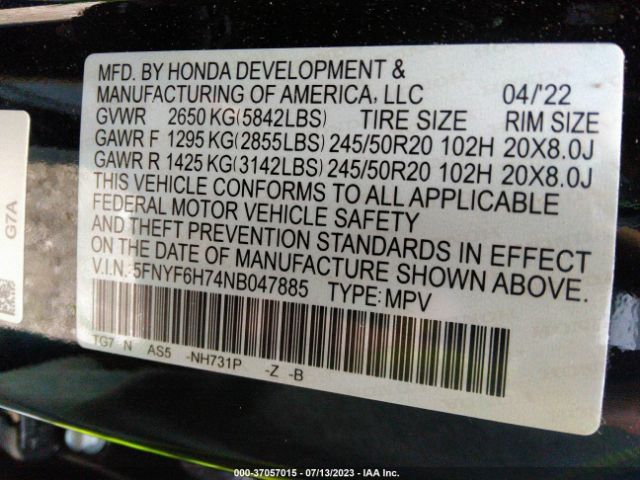 5FNYF6H74NB047885 Honda Pilot Black Edition