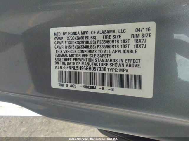 Honda Odyssey Touring 2016 5FNRL5H96GB097330 Image 9