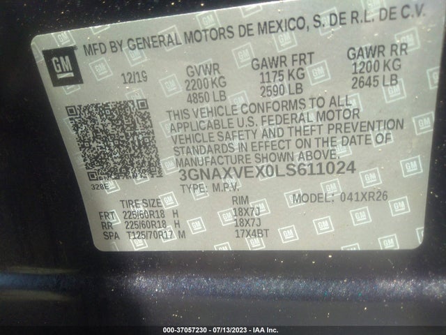 2020 CHEVROLET EQUINOX LT VIN: 3GNAXVEX0LS611024
