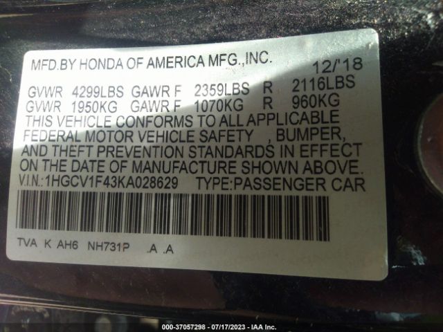 1HGCV1F43KA028629 Honda Accord Sedan Ex 1.5t