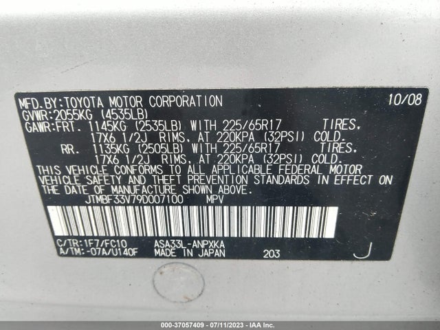 2009 TOYOTA RAV4 VIN: JTMBF33V79D007100