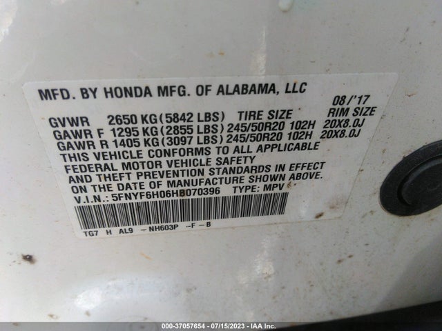 Honda Pilot Elite 2017 5FNYF6H06HB070396 Image 16