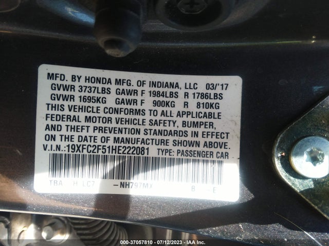 Honda Civic Sedan Lx 2017 19XFC2F51HE222081 Image 9