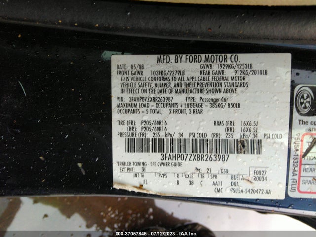 2008 FORD FUSION SE VIN: 3FAHP07ZX8R263987