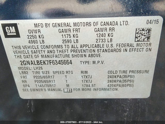2015 CHEVROLET EQUINOX LT VIN: 2GNALBEK7F6345664
