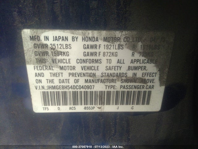 2013 HONDA FIT SPORT VIN: JHMGE8H54DC040907