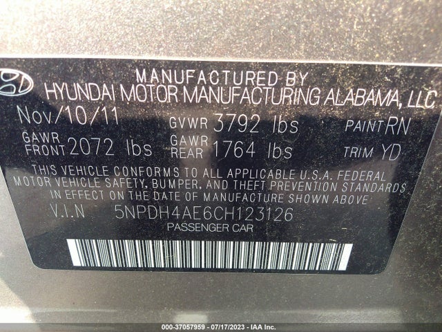 2012 HYUNDAI ELANTRA GLS PZEV VIN: 5NPDH4AE6CH123126