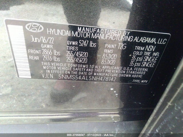 2022 HYUNDAI SANTA FE CALLIGRAPHY VIN: 5NMS54AL5NH478142
