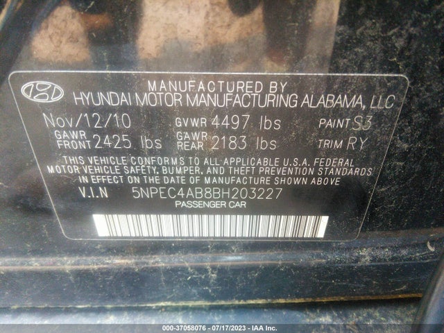 2011 HYUNDAI SONATA LTD VIN: 5NPEC4AB8BH203227