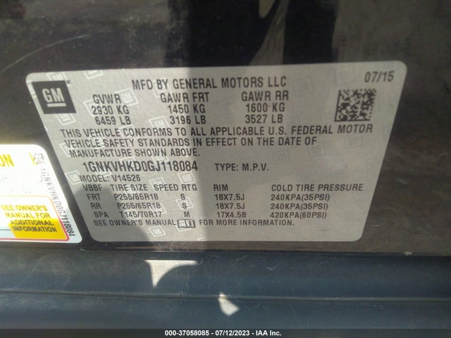Chevrolet Traverse Lt 2016 1GNKVHKD0GJ118084 Image 9