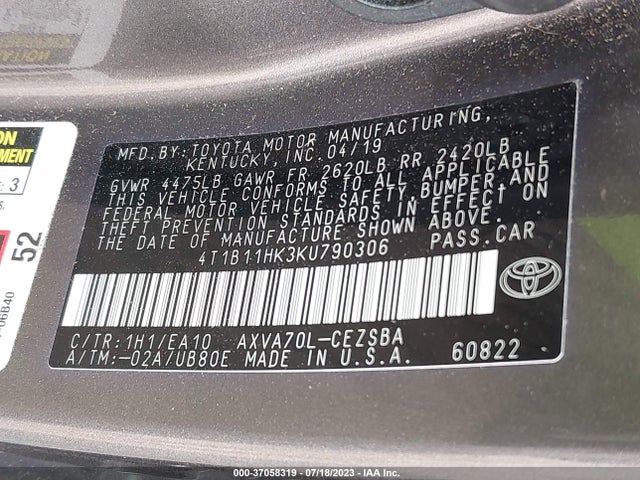 2019 TOYOTA CAMRY LE/SE/XLE/L VIN: 4T1B11HK3KU790306