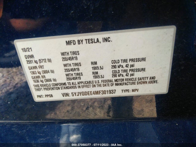2021 TESLA MODEL Y LONG RANGE VIN: 5YJYGDEE4MF301937