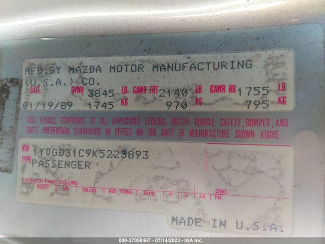 1989 MAZDA MX-6 GT VIN: 1YVGD31C9K5223893