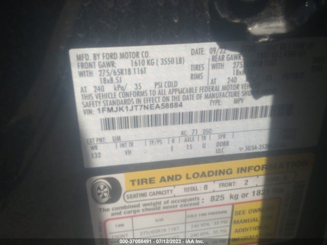 Aukcja sprzedaży 2022 Ford Expedition Max Xlt, vin: 1FMJK1JT7NEA58884, numer aukcji: 37058491