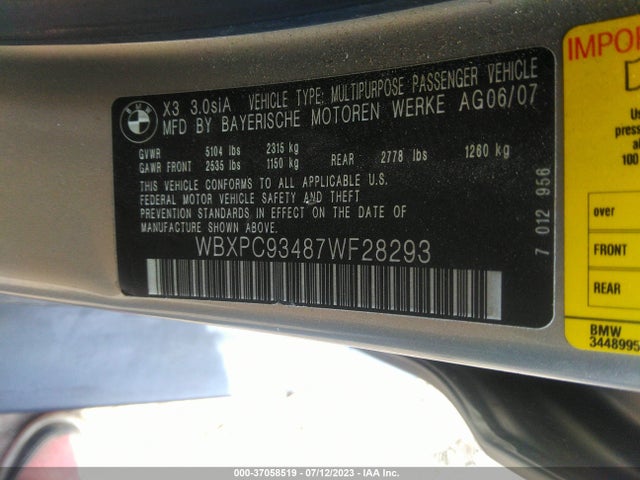 2007 BMW X3 3.0SI VIN: WBXPC93487WF28293