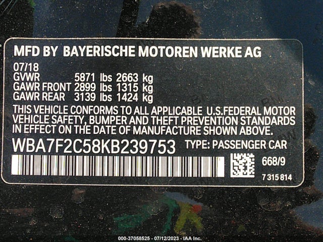WBA7F2C58KB239753 BMW 7 Series 750i Xdrive