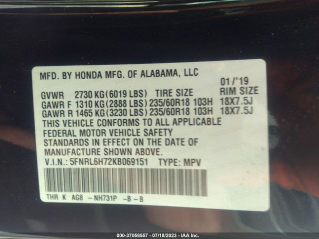 5FNRL6H72KB069151 Honda Odyssey Ex-l