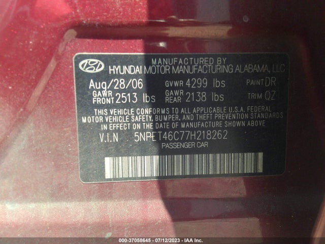 2007 HYUNDAI SONATA GLS VIN: 5NPET46C77H218262