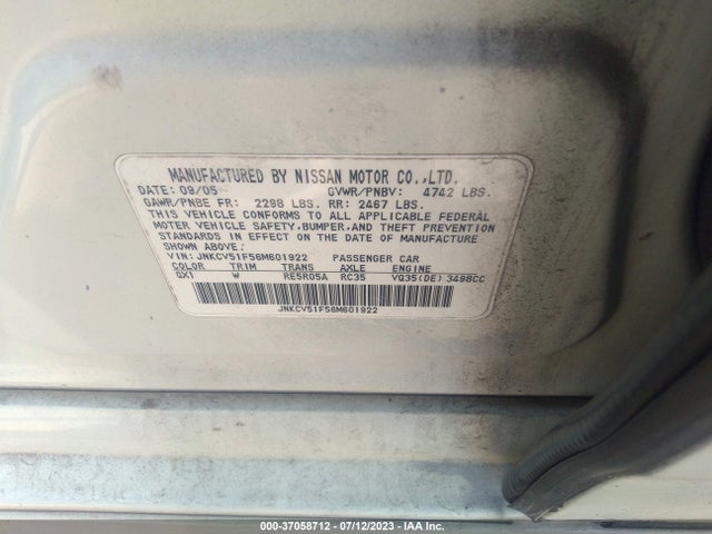 2006 INFINITI G35 SEDAN VIN: JNKCV51F56M601922