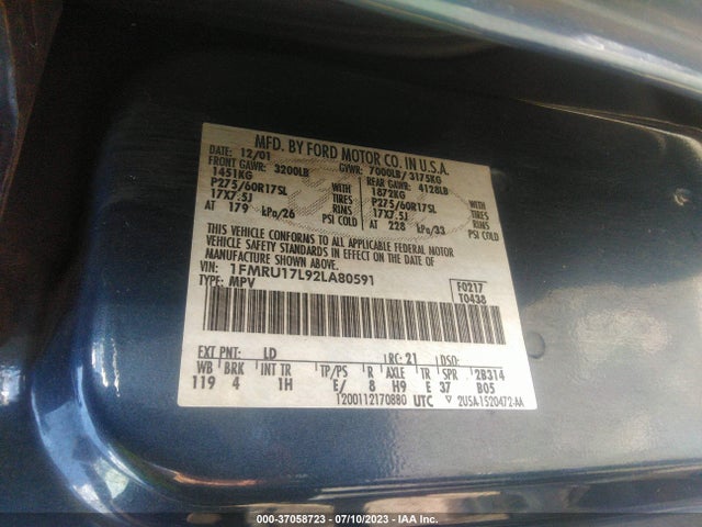 2002 FORD EXPEDITION EDDIE BAUER VIN: 1FMRU17L92LA80591