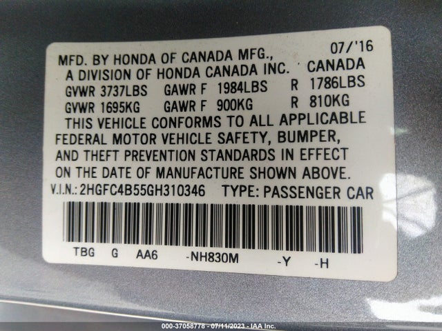 Honda Civic Coupe Lx 2016 2HGFC4B55GH310346 Image 9