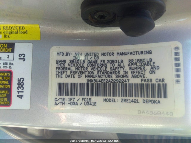 2010 TOYOTA COROLLA VIN: 1NXBU4EE2AZ292247