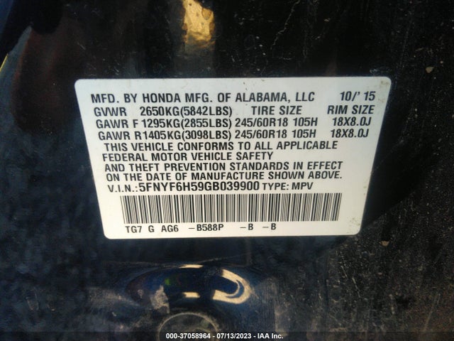 Honda Pilot Ex-l 2016 5FNYF6H59GB039900 Image 9
