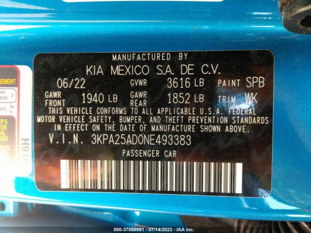 3KPA25AD0NE493383 KIA Rio 5-door S