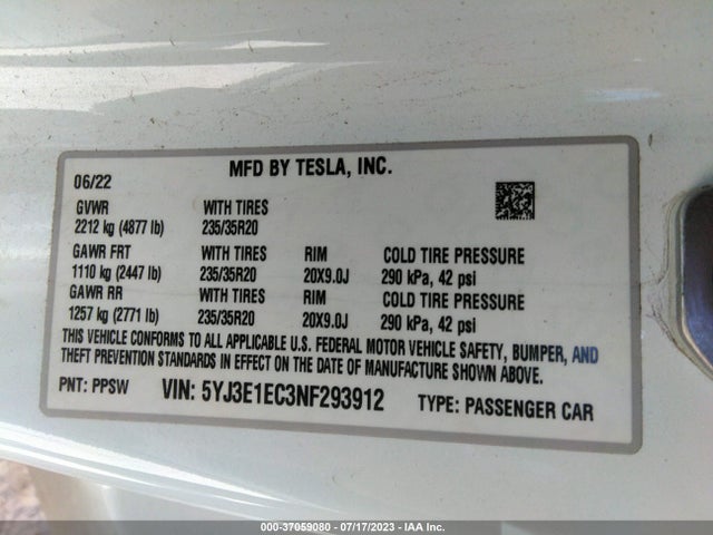 Tesla Model 3 Performance 2022 5YJ3E1EC3NF293912 Image 9