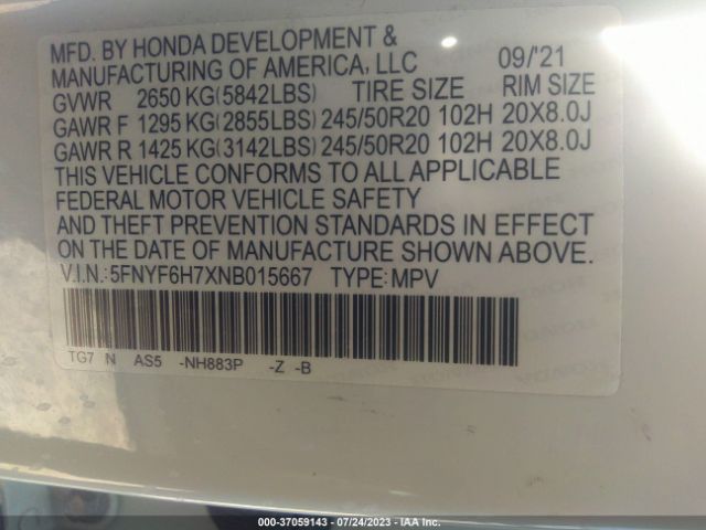 5FNYF6H7XNB015667 Honda Pilot Black Edition