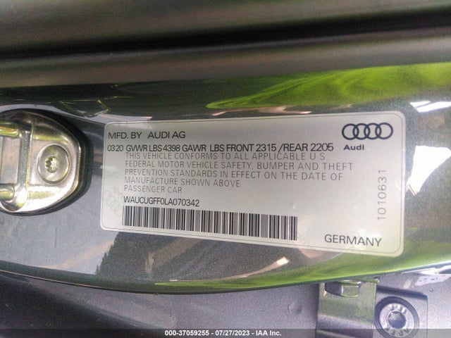 WAUCUGFF0LA070342 Audi A3 Sedan Premium Plus