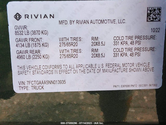 2022 RIVIAN R1T ADVENTURE PACKAGE VIN: 7FCTGAAA5NN013935