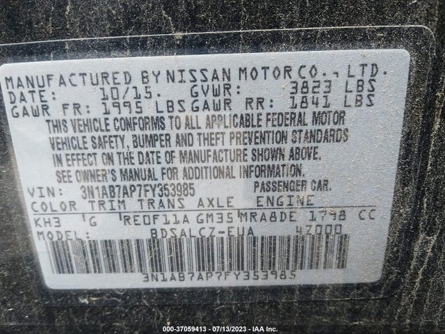 2015 NISSAN SENTRA S VIN: 3N1AB7AP7FY353985