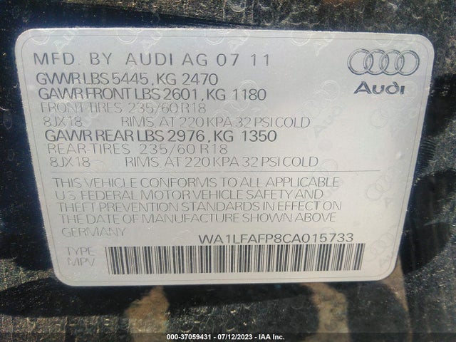 2012 AUDI Q5 2.0T PREMIUM VIN: WA1LFAFP8CA015733
