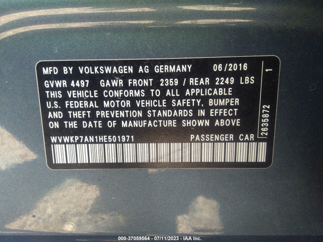 2017 Volkswagen CC, VIN: WVWKP7AN1HE501971