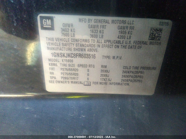 Chevrolet Suburban Lt 2015 1GNSKJKC8FR603516 Image 9
