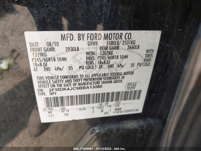 2011 FORD EDGE SEL VIN: 2FMDK4JC9BBA13080