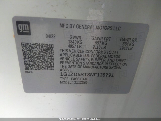 2022 CHEVROLET MALIBU LT VIN: 1G1ZD5ST3NF138791