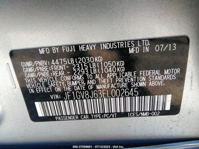 2014 SUBARU IMPREZA SEDAN WRX WRX STI VIN: JF1GV8J63EL002645