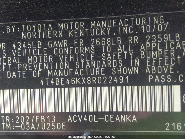 Продажа на аукционе авто 2008 Toyota Camry, vin: 4T4BE46KX8R022491, номер лота: 37059835