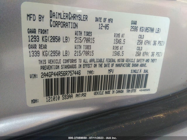 2006 CHRYSLER TOWN & COUNTRY LWB LX VIN: 2A4GP44R56R757446