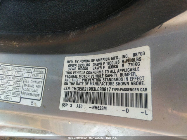 2003 HONDA CIVIC EX VIN: 1HGEM21983L080817