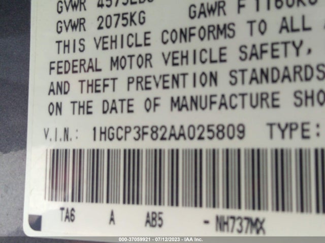 2010 HONDA ACCORD 3.5 EX-L VIN: 1HGCP3F82AA025809