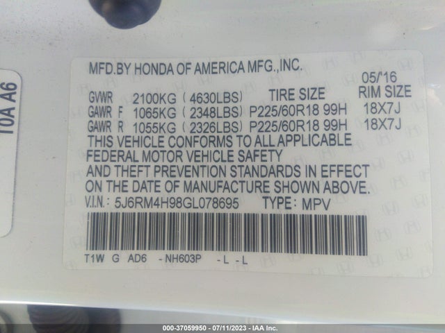 Honda Cr-v Touring 2016 5J6RM4H98GL078695 Image 9