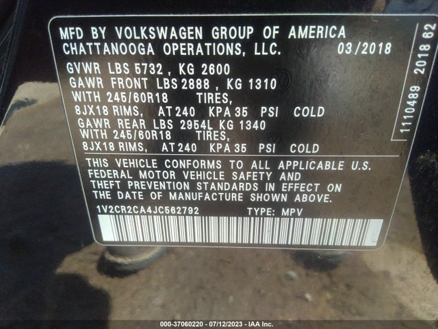 1V2CR2CA4JC562792 Volkswagen Atlas 3.6l V6 Se