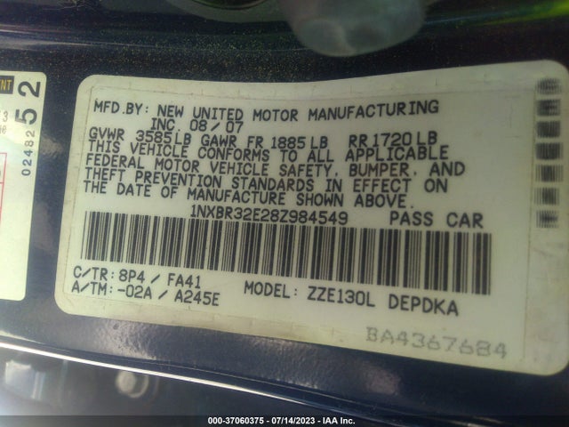 2008 TOYOTA COROLLA CE/S/LE VIN: 1NXBR32E28Z984549